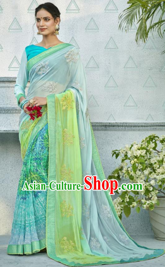 Asian Indian Bollywood Embroidered Light Blue Chiffon Sari Dress India Traditional Costumes for Women