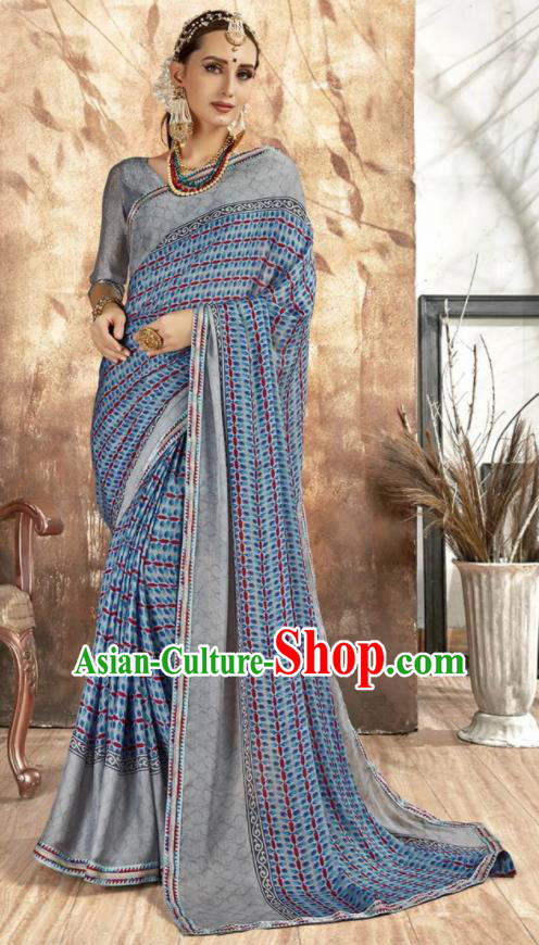 Asian Indian National Bollywood Printing Blue Chiffon Sari Dress India Traditional Costumes for Women