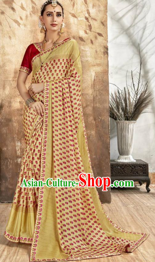 Asian Indian National Bollywood Printing Yellow Chiffon Sari Dress India Traditional Costumes for Women