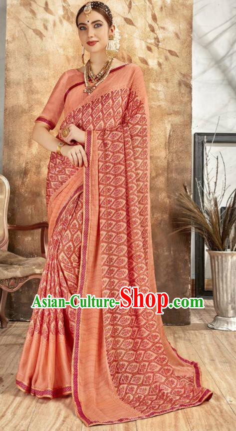 Asian Indian National Bollywood Printing Pink Chiffon Sari Dress India Traditional Costumes for Women