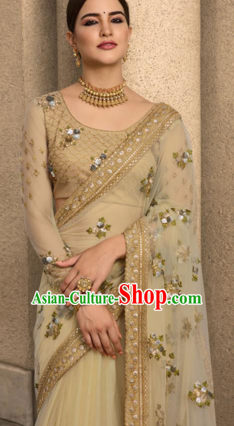 Asian Traditional Indian Court Embroidered Beige Silk Sari Dress India National Festival Bollywood Costumes for Women