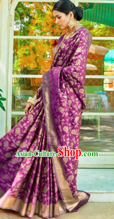 Asian Traditional Indian Court Queen Purple Silk Sari Dress India National Festival Bollywood Costumes for Women