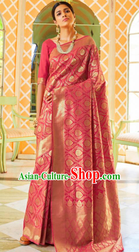 Asian Traditional Indian Court Queen Pink Silk Sari Dress India National Festival Bollywood Costumes for Women
