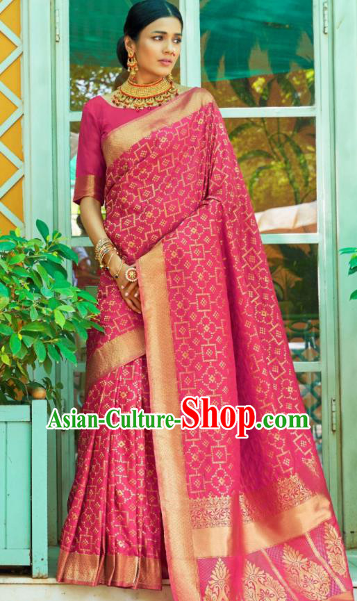 Asian Traditional Indian Court Queen Rosy Silk Sari Dress India National Festival Bollywood Costumes for Women
