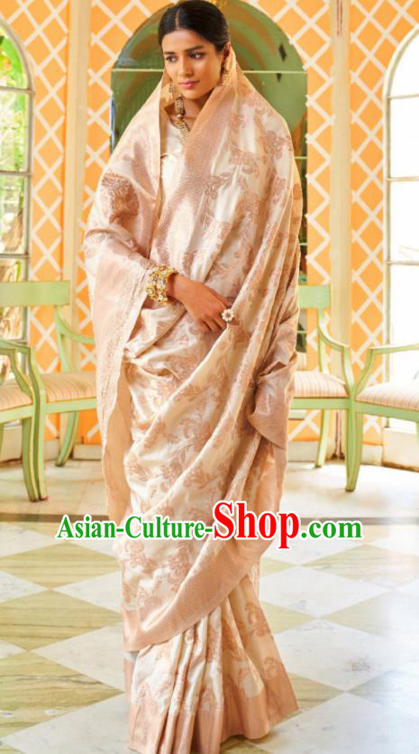 Asian Traditional Indian Court Queen Champagne Silk Sari Dress India National Festival Bollywood Costumes for Women