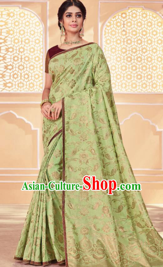 Asian Traditional Indian Light Green Art Silk Sari Dress India National Festival Bollywood Costumes for Women