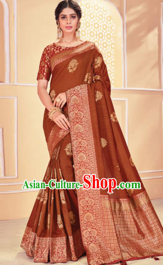 Asian Traditional Indian Brown Art Silk Sari Dress India National Festival Bollywood Costumes for Women