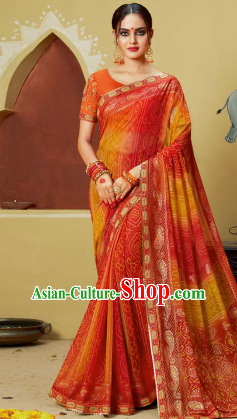 Traditional Indian Orange Georgette Sari Dress Asian India National Festival Bollywood Costumes for Women