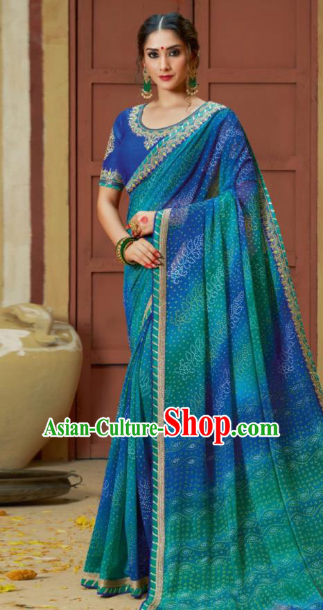 Traditional Indian Royalblue Georgette Sari Dress Asian India National Festival Bollywood Costumes for Women