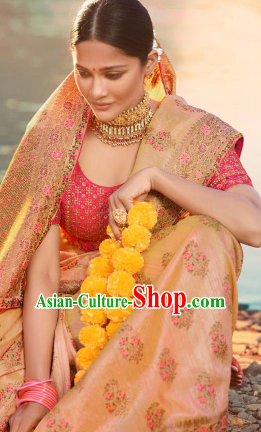 Traditional Indian Pink Silk Sari Dress Asian India National Festival Bollywood Costumes for Women