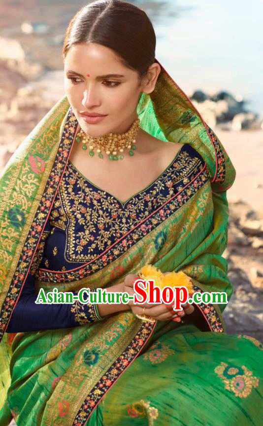 Traditional Indian Green Silk Sari Dress Asian India National Festival Bollywood Costumes for Women