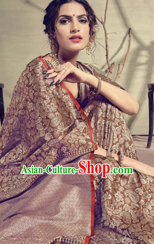 Traditional Indian Patrician Brown Silk Sari Dress Asian India National Festival Bollywood Costumes for Women