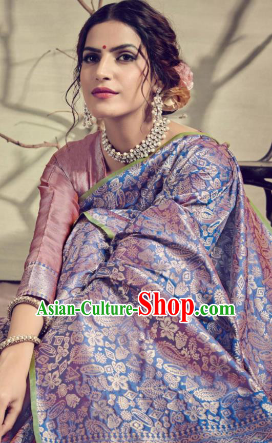 Traditional Indian Patrician Light Blue Silk Sari Dress Asian India National Festival Bollywood Costumes for Women