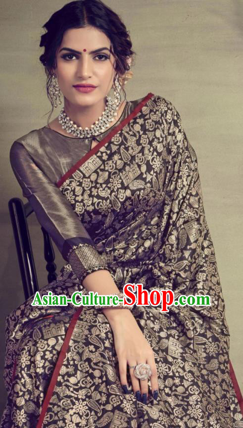 Traditional Indian Patrician Black Silk Sari Dress Asian India National Festival Bollywood Costumes for Women