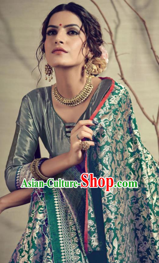 Traditional Indian Patrician Green Silk Sari Dress Asian India National Festival Bollywood Costumes for Women