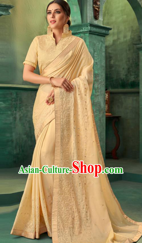 Indian Traditional Wedding Embroidered Golden Sari Dress Asian India National Festival Costumes for Women