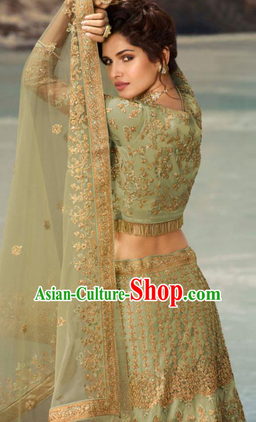 Indian Traditional Lehenga Embroidered Light Green Dress Asian India National Festival Costumes for Women
