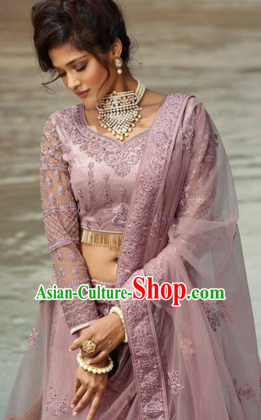 Indian Traditional Lehenga Embroidered Light Purple Dress Asian India National Festival Costumes for Women