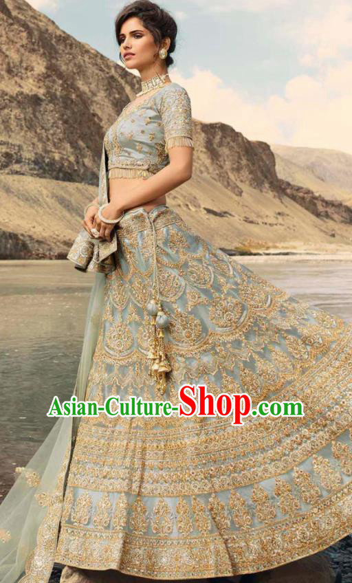 Indian Traditional Lehenga Embroidered Light Blue Dress Asian India National Festival Costumes for Women