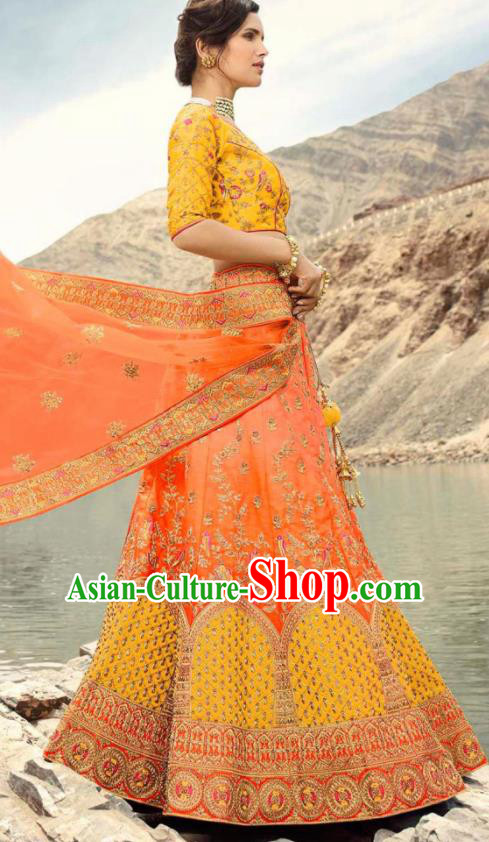 Indian Traditional Lehenga Embroidered Orange Dress Asian India National Festival Costumes for Women