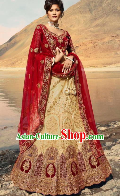 Indian Traditional Lehenga Embroidered Light Golden Dress Asian India National Festival Costumes for Women