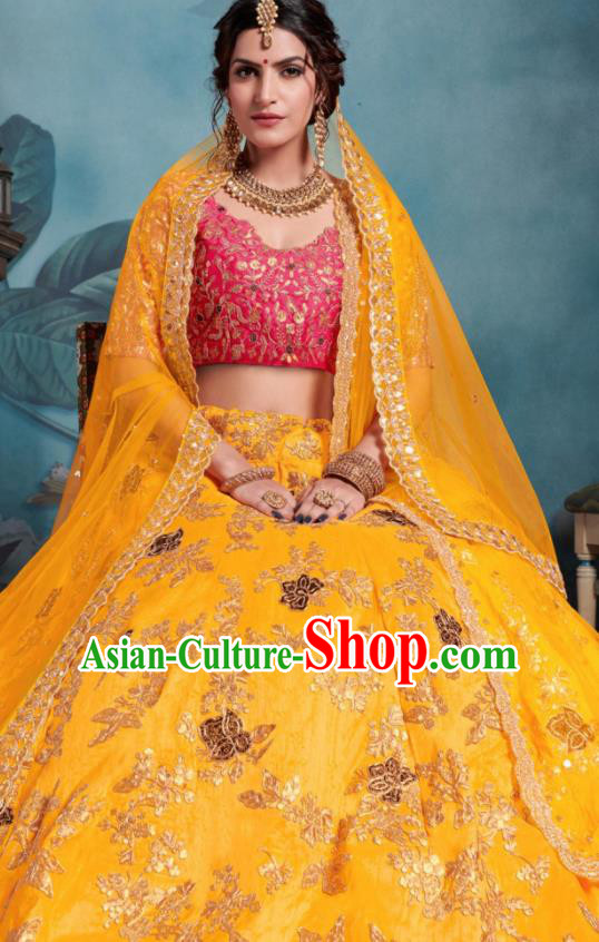 Indian Traditional Court Lehenga Bollywood Embroidered Yellow Dress Asian India National Festival Costumes for Women