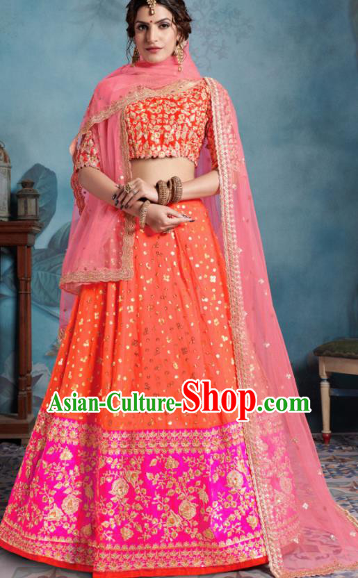 Indian Traditional Court Lehenga Bollywood Embroidered Orange Dress Asian India National Festival Costumes for Women