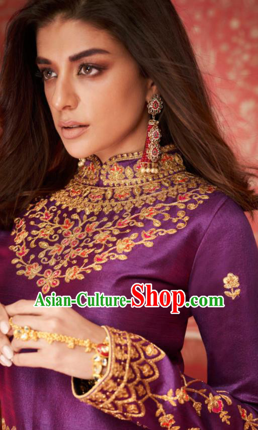Indian Traditional Court Bollywood Embroidered Purple Silk Anarkaili Dress Asian India National Festival Costumes for Women