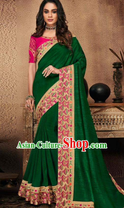 Indian Traditional Court Bollywood Green Satin Sari Dress Asian India National Festival Costumes for Women