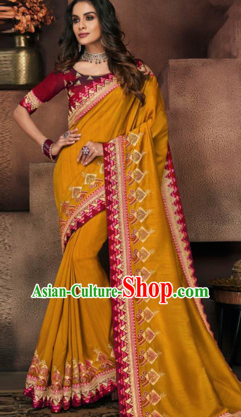 Indian Traditional Court Bollywood Ginger Satin Sari Dress Asian India National Festival Costumes for Women