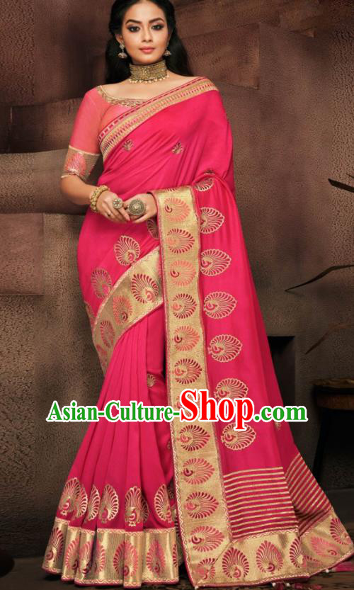 Indian Traditional Court Bollywood Rosy Satin Sari Dress Asian India National Festival Costumes for Women