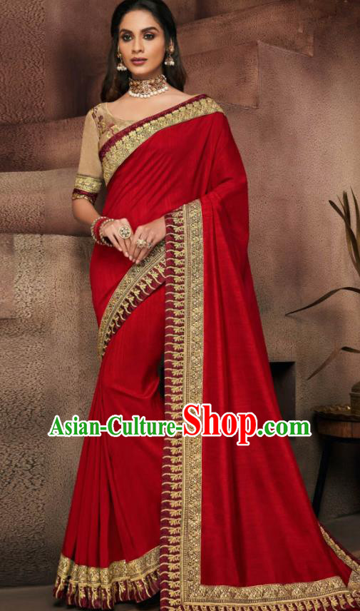 Indian Traditional Court Bollywood Red Satin Sari Dress Asian India National Festival Costumes for Women