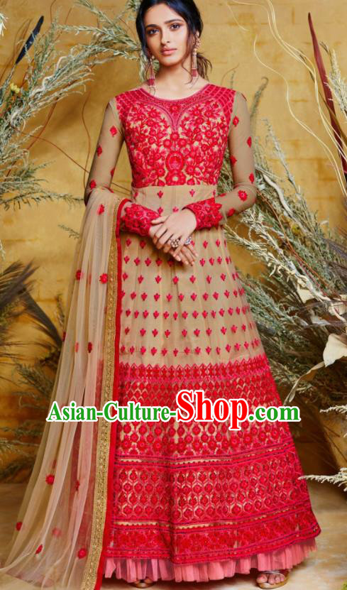 Indian Traditional Court Anarkali Kurta Light Red Dress Asian India National Festival Costumes for Women