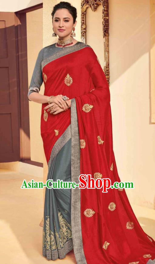 Traditional Indian Saree Red and Grey Silk Sari Dress Asian India National Festival Bollywood Costumes for Women