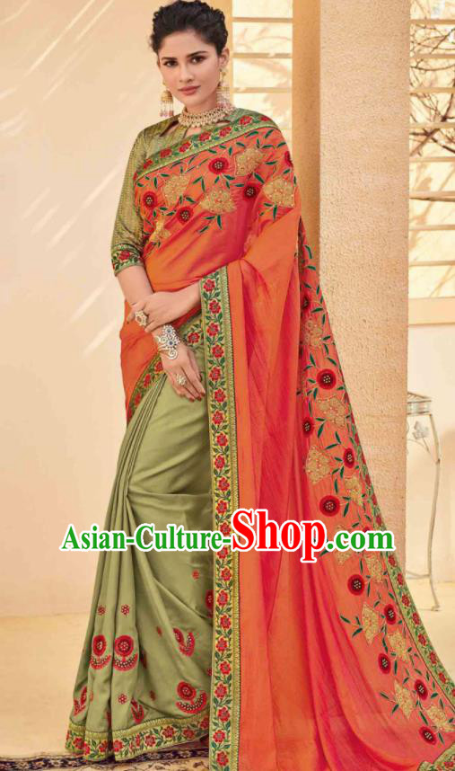 Traditional Indian Saree Olive Green and Orange Silk Sari Dress Asian India National Festival Bollywood Costumes for Women