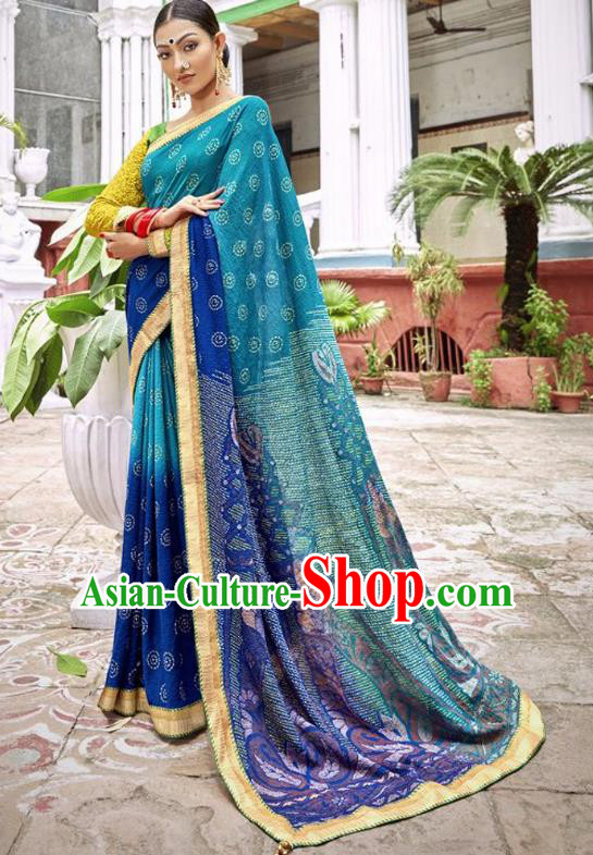 Indian Traditional Court Printing Blue Georgette Sari Dress Asian India National Festival Costumes for Women