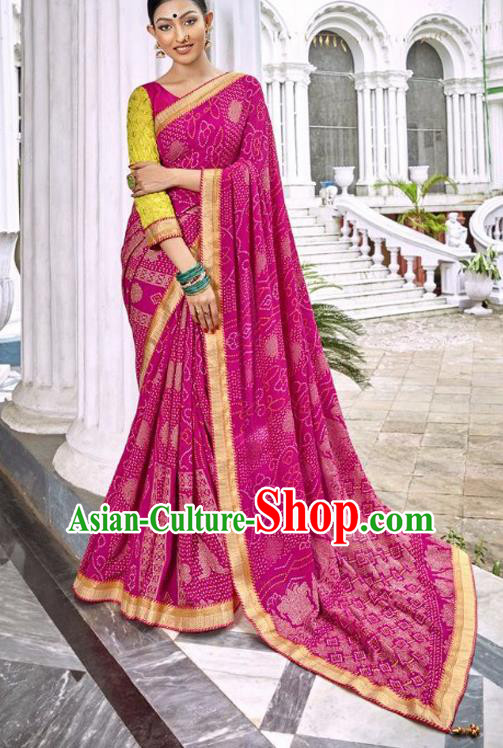 Indian Traditional Court Printing Rosy Georgette Sari Dress Asian India National Festival Costumes for Women