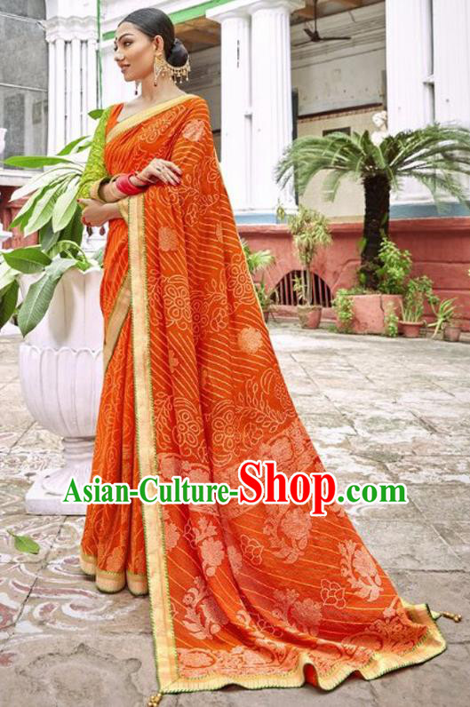Indian Traditional Court Printing Orange Georgette Sari Dress Asian India National Festival Costumes for Women