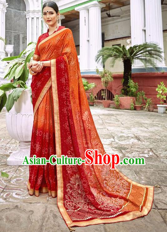 Indian Traditional Court Printing Saffron Georgette Sari Dress Asian India National Festival Costumes for Women