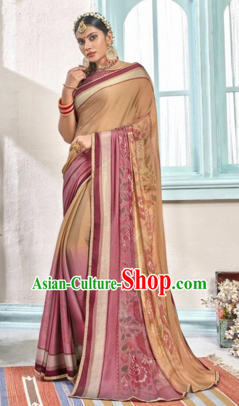 Indian Traditional Court Printing Lilac Sari Dress Asian India National Festival Costumes for Women