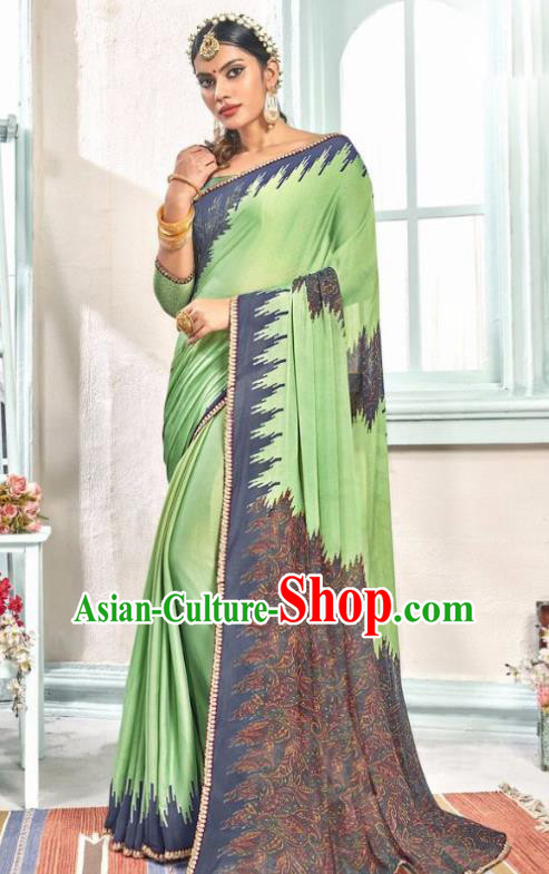 Indian Traditional Court Printing Green Sari Dress Asian India National Festival Costumes for Women