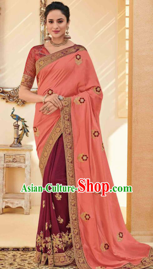 Traditional Indian Saree Pink and Purple Silk Sari Dress Asian India National Festival Bollywood Costumes for Women