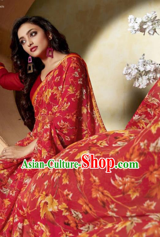 Indian Traditional Court Printing Red Chiffon Sari Dress Asian India National Festival Costumes for Women