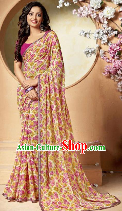 Indian Traditional Court Printing Pink Flowers Chiffon Sari Dress Asian India National Festival Costumes for Women