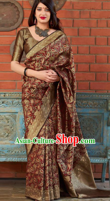 Traditional Indian Banarasi Saree Purplish Red Silk Sari Dress Asian India National Festival Bollywood Costumes for Women
