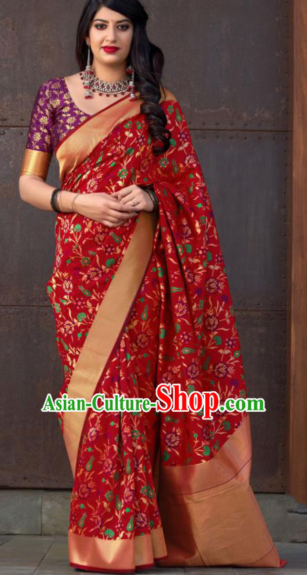 Traditional Indian Banarasi Saree Red Silk Sari Dress Asian India National Festival Bollywood Costumes for Women