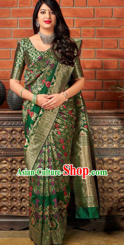 Traditional Indian Banarasi Saree Green Silk Sari Dress Asian India National Festival Bollywood Costumes for Women