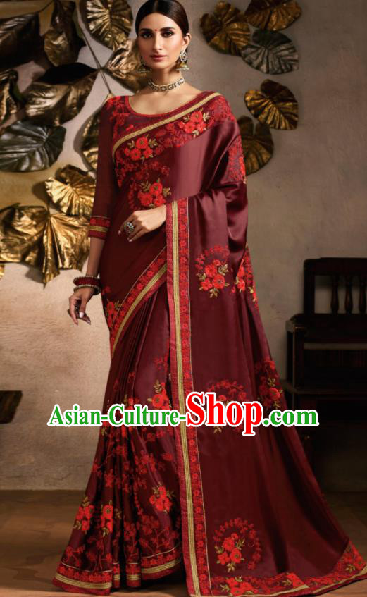 Traditional Indian Saree Bollywood Wine Red Satin Sari Dress Asian India National Festival Costumes for Women