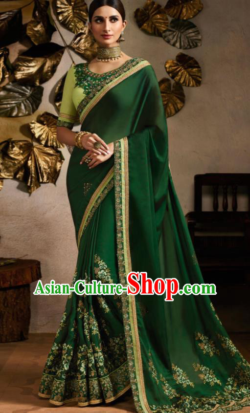 Traditional Indian Saree Bollywood Green Satin Sari Dress Asian India National Festival Costumes for Women