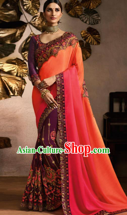 Traditional Indian Saree Bollywood Purple Satin Sari Dress Asian India National Festival Costumes for Women